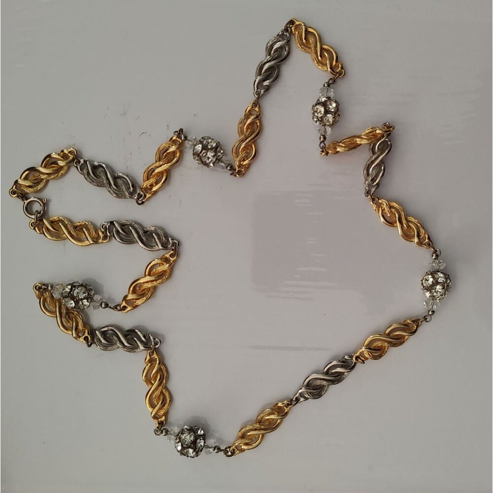 Vintage Gold & Silver-Tone Twisted Chain Necklace With Rhinestone Beaded Accents